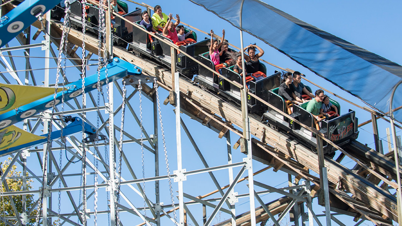 New Mexico Rattler coaster coming down a hill